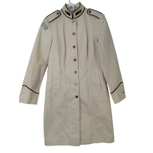 New VTG Rare Tommy Hilfiger S Military Denim Coat Logo Buttons Cream RHH10579 - Picture 1 of 12